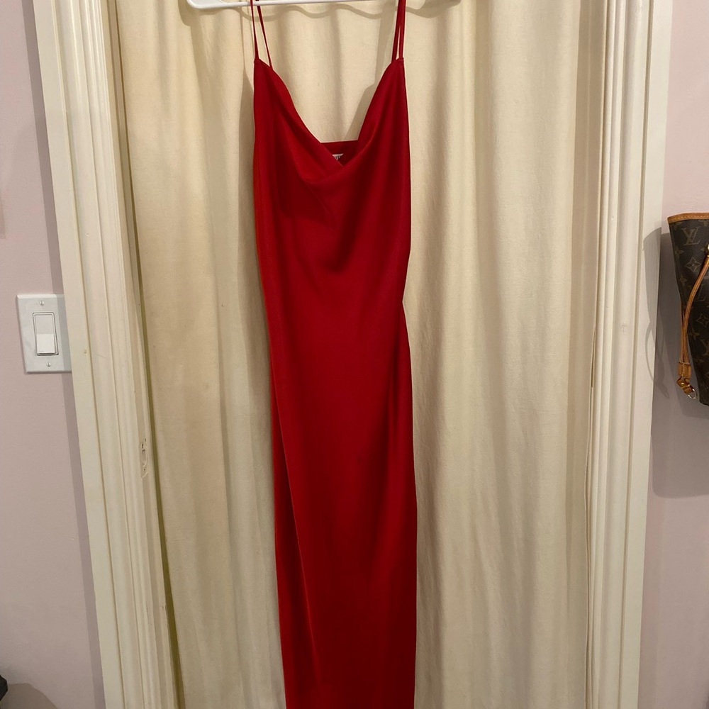 Red Satin Cowl Neck Maxi Dress with Slit